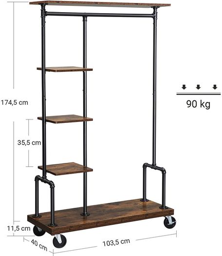 _5 Tier Metal Tubular Coat Stand, Wood Effect, Vintage Dark Brown