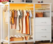 White Chest of Drawers with LED & Charger, Fabric Open Wardrobe 3 Large Drawers & Reversible Coat Hanging Rod &3 Open Shelves & Side Hooks, Lockable Wheels, Height-adjustable Base Shelf