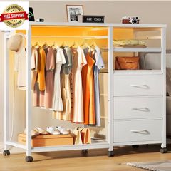 White Chest of Drawers with LED & Charger, Fabric Open Wardrobe 3 Large Drawers & Reversible Coat Hanging Rod &3 Open Shelves & Side Hooks, Lockable Wheels, Height-adjustable Base Shelf