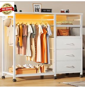 White Chest of Drawers with LED & Charger, Fabric Open Wardrobe 3 Large Drawers & Reversible Coat Hanging Rod &3 Open Shelves & Side Hooks, Lockable Wheels, Height-adjustable Base Shelf