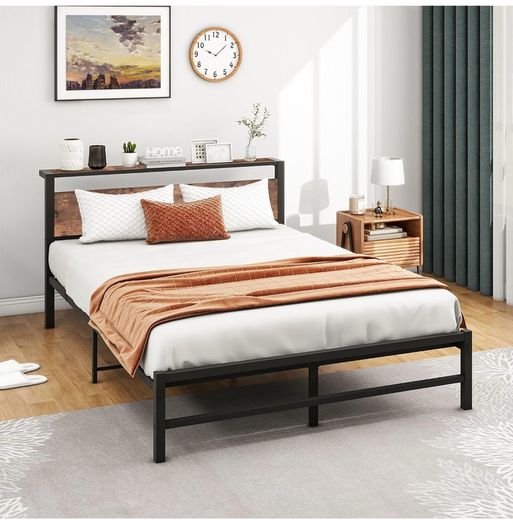 5ft King Metal Platform Bed Frame with Wooden Storage Shelf