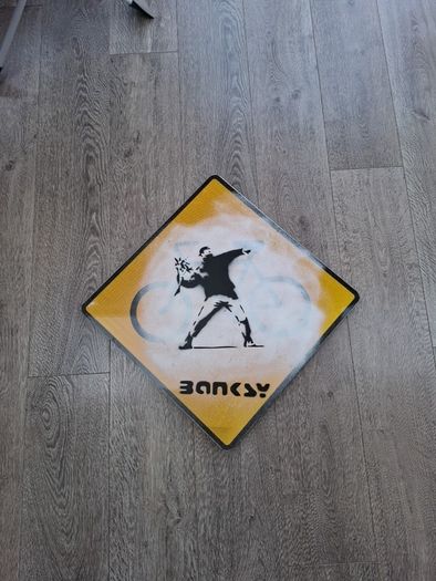 Banksy Sheet Metal Reproduction Road Sign of The Flower Bomber