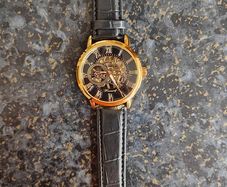 Skeleton Mechanical Watch Black & Gold Case with Black Leather Strap