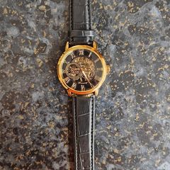 Skeleton Mechanical Watch Black & Gold Case with Black Leather Strap