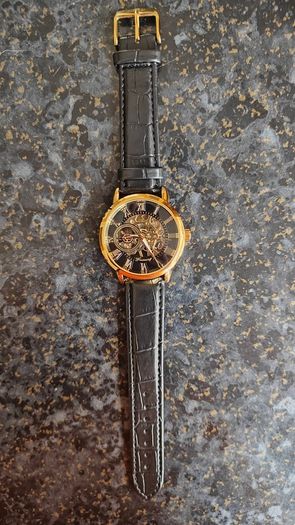 Skeleton Mechanical Watch Black & Gold Case with Black Leather Strap