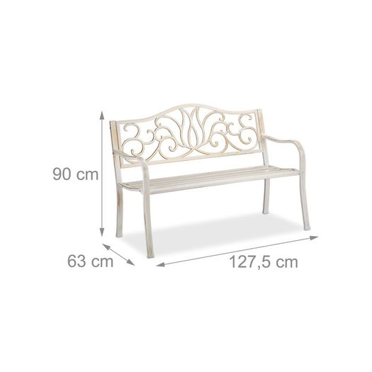 Antique White 2 Seater Metal Garden Bench with Decorative Scroll Backrest