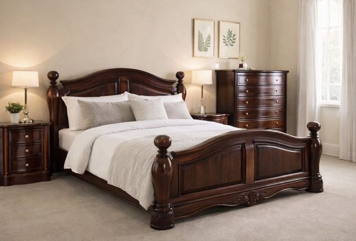 Complete King Size Bedroom Set. Sleigh Bed and Lockers and Chest. Solid Wood