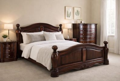 Complete King Size Bedroom Set. Sleigh Bed and Lockers and Chest. Solid Wood