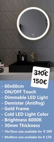 LED Bathroom Mirror Gold Frame Demister Antifog