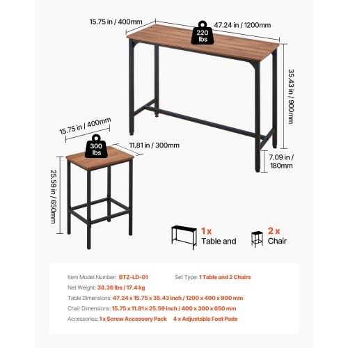 3PCS 1193.8mm Bars Tables Set, Bar Tables and Chair Set with Rounded Edge Design, Rectangular Pub Table with Two Stools for Office Desk, Breakfast Corner, Mini Bars, Rustic Brown