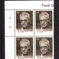 2003 Ireland Birth Centenaries of 50c Frank O'Connor Plate Block 1A1A1A Commemorative Stamp Mint Never Hinged (MNH)