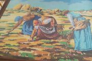 French Vintage Embroidery Picture in a wooden Frame - Women working in the Fields-70s