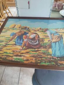 French Vintage Embroidery Picture in a wooden Frame - Women working in the Fields-70s