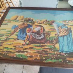 French Vintage Embroidery Picture in a wooden Frame - Women working in the Fields-70s