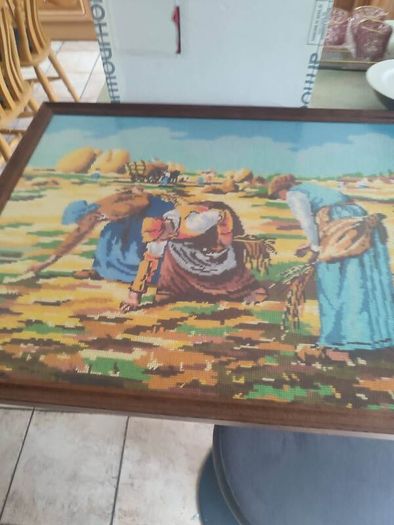 French Vintage Embroidery Picture in a wooden Frame - Women working in the Fields-70s