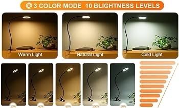 SALE |  USB LED Desk Lamp Clip On Light, Clip on Reading Light 48 LED 3 Light Mode 10 Dimmable Brightness, 360 Dwgree Flexible Gooseneck Clip Lamp for Reading Studying Headboard Bedroom Lighting