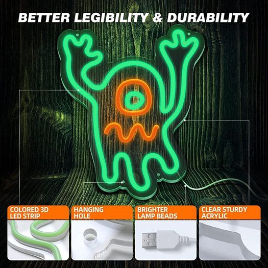 Dimmable Ghost Neon Sign, Haunted House Ghost Neon Light Acrylic Plate Powered by USB with Switch, 28x24cm LED Green Wall Light for Kid Bedroom Children Living Room Bar Party Decoration (FREE POSTAGE)