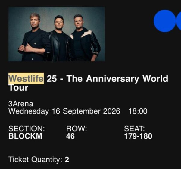 Westlife - 2 excellent seated tickets Wed 16TH