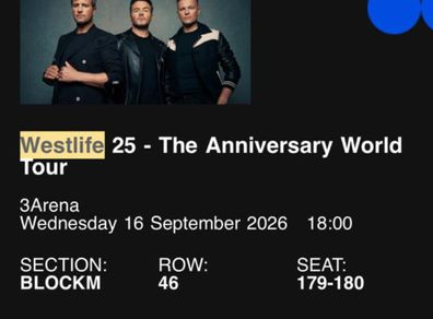 Westlife - 2 excellent seated tickets Wed 16TH