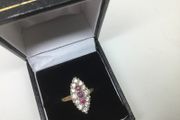 Stunning 9ct Gold Pigeon Blood Ruby &amp; Diamond Marquise Navette ring. Size M 1/2