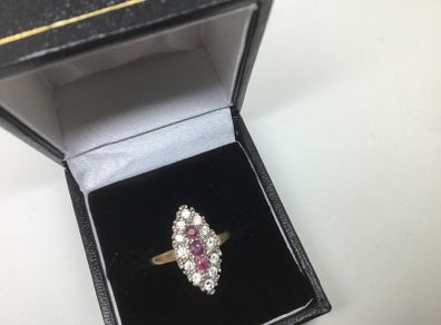 Stunning 9ct Gold Pigeon Blood Ruby & Diamond Marquise Navette ring. Size M 1/2