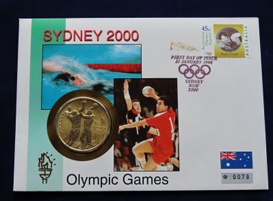 Olympics Australia 5 Dollars 2000 first day Handball coin & stamp cover
