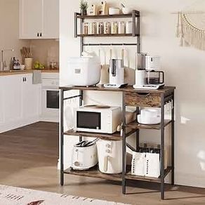 Microwave Oven Rack, 90cm Large Microwave Oven Kitchen Rack with 2 Height-Adjustable and Removable Shelves, High Load-Bearing Design, Drawers, 10 S-Hooks, Kitchen Shelf, Kitchen Storage