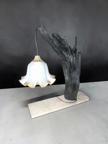 Large bog oak and white marble lamp