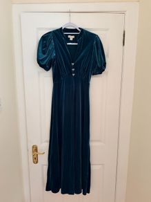 Monsoon Veronique Teal Velvet Bow Midi Dress - size UK 8