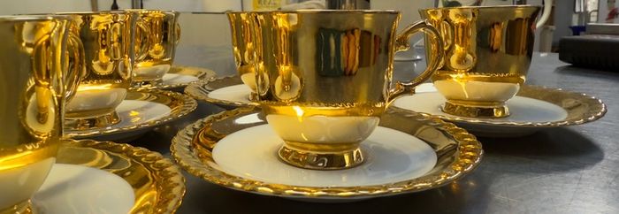 Gold Lustre white mini teacups and sauces by TK Thun Czechoslovakian