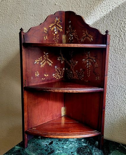 Antique Japanese inlaid & laquered with mother of pearl detail 3 tier corner shelf