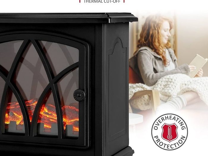 NEW SALE | Electric Fireplace Stove Heater 2000W with Fire Flame Effect, 2 Heat Settings, Adjustable Thermostat, Freestanding Portable Electric Log Wood Burner Effect