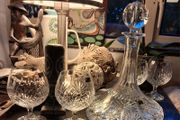 Vintage Irish lead crystal Ships Decanter &amp; 4 whiskey glasses