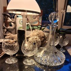 Vintage Irish lead crystal Ships Decanter & 4 whiskey glasses