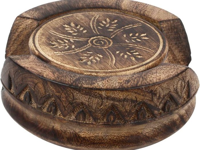 Handmade Wood Drink Coasters Set of 6 in a Lotus Shaped Holder with Rustic Design- 5"