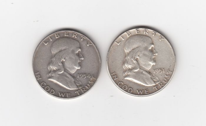 USA, 2 x Half Dollars, 1951,&1954, 90% silver coins (no. 452)