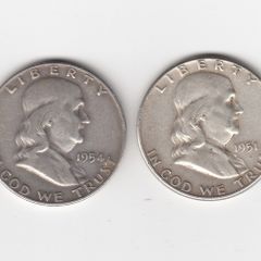 USA, 2 x Half Dollars, 1951,&1954, 90% silver coins (no. 452)