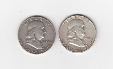 USA, 2 x Half Dollars, 1951,&1954, 90% silver coins (no. 452)