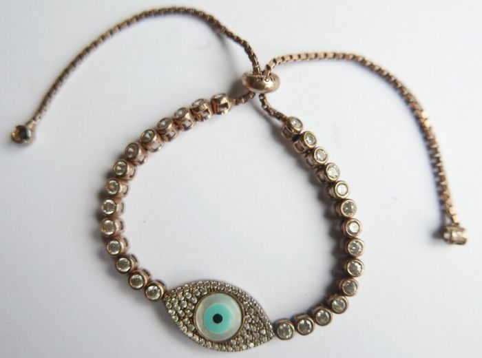 Vintage Handmade Evil Eye Tennis Bracelet: Sterling Silver 925 Gold Plated Mother of Pearl 9,4g