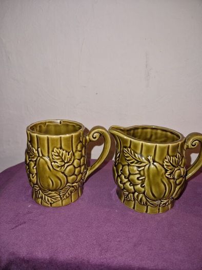 Vintage Japanese green embossed ceramic pair of mugs and milk jug
