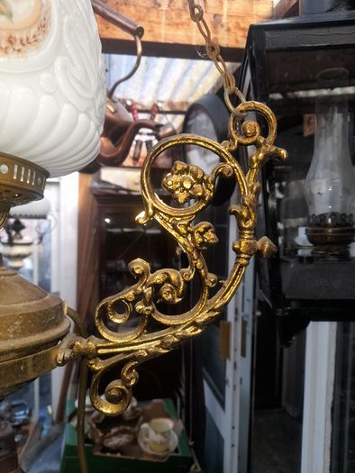 Beautiful Old Large Antique Hanging Brass and Milk Glass Oil Lamp, Converted to Electric