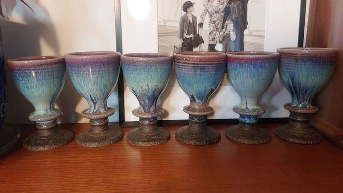 Wonderful Pair of Studio Art Pottery Goblets by Martin Branch Lyre Pottery, Cloncorban, Rossmore, Clonakilty, West Cork in a Fabulous Colourful Variegated Glaze. Pair Two