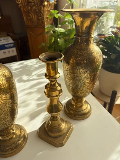 x2 Vintage Solid Brass Vases and candle holder