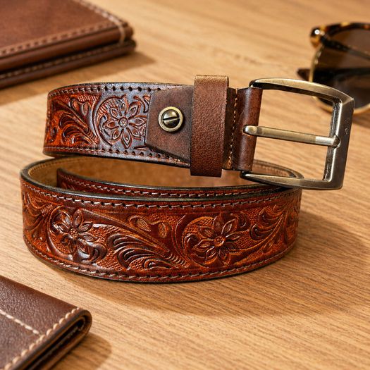 Premium Genuine Leather Belt Dual Tone Vintage Embossed Design with Antique Metal Buckle