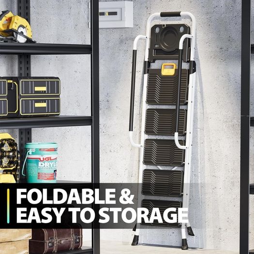 Folding 5-Step Ladder, 800 lbs Capacity Step Stool with Safety Lock, Tool Tray, Non-Skid Wide Steps, Handrail, Household Ladder for Home, Garden, Painting, Outdoor, and Garage Use, White