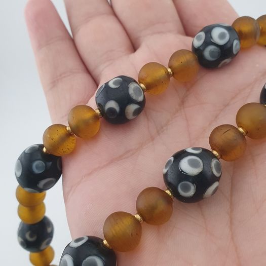 Antique Venetian African Style Eyes & Yellow Brown African Glass Beads Necklaces