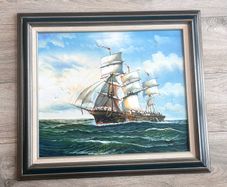 Framed Tall Ship Painting - 30in x 26in