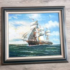 Framed Tall Ship Painting - 30in x 26in