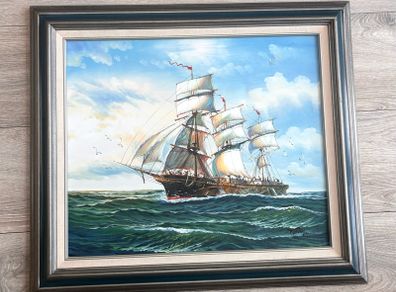 Framed Tall Ship Painting - 30in x 26in