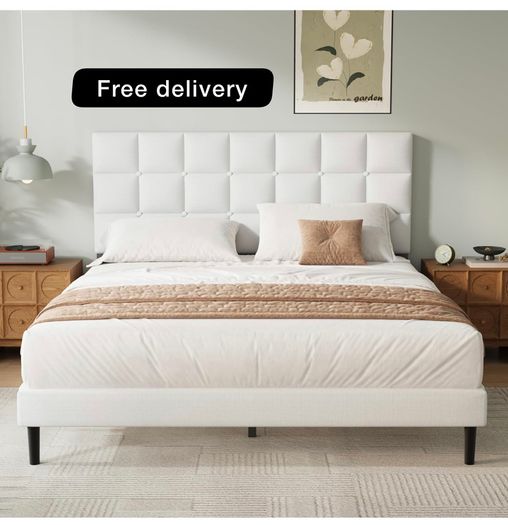 Double Bed Frame, Easy Assembly, Sturdy Wooden Slat Support, Upholstered Platform with Headboard, No Box Spring Needed, White Double Bed 135x190